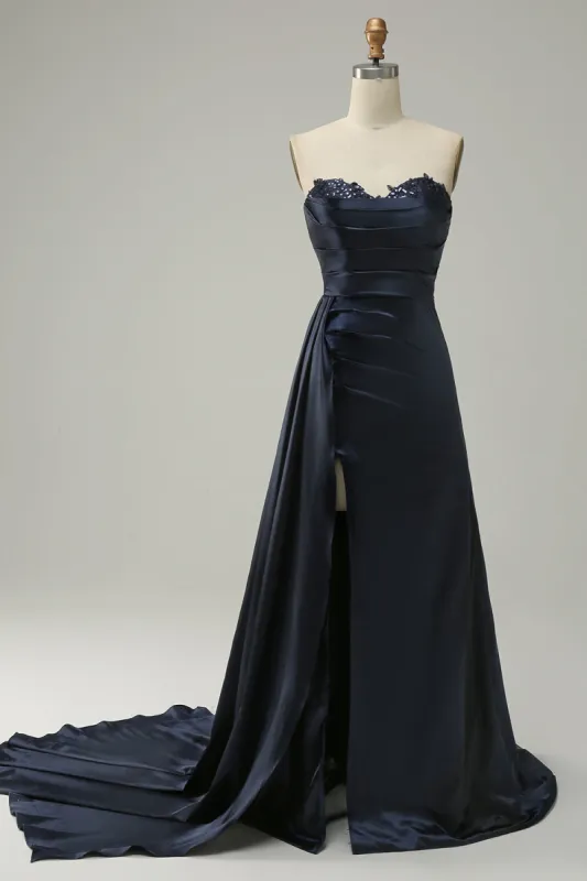 A Line Sweetheart Navy Long Prom Dress with Split Front sold by Zapaka