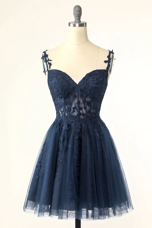 Navy Spaghetti Straps Short Homecoming Dress with Appliques sold by Zapaka