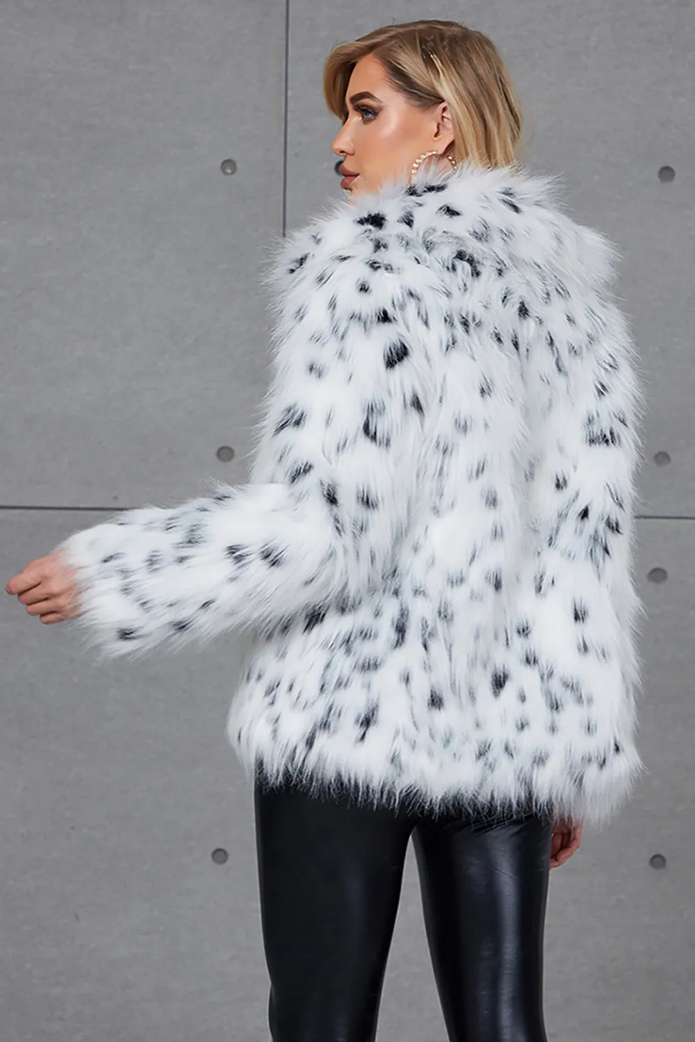 White Leopard Print Lapel Neck Faux Fur Women Coat sold by Zapaka product image thumbnail 4