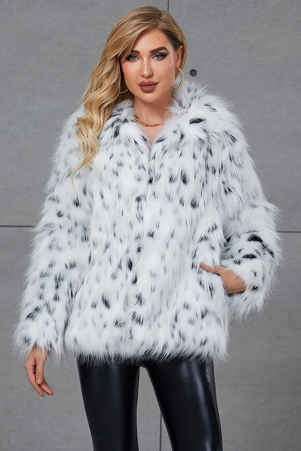 White Leopard Print Lapel Neck Faux Fur Women Coat sold by Zapaka