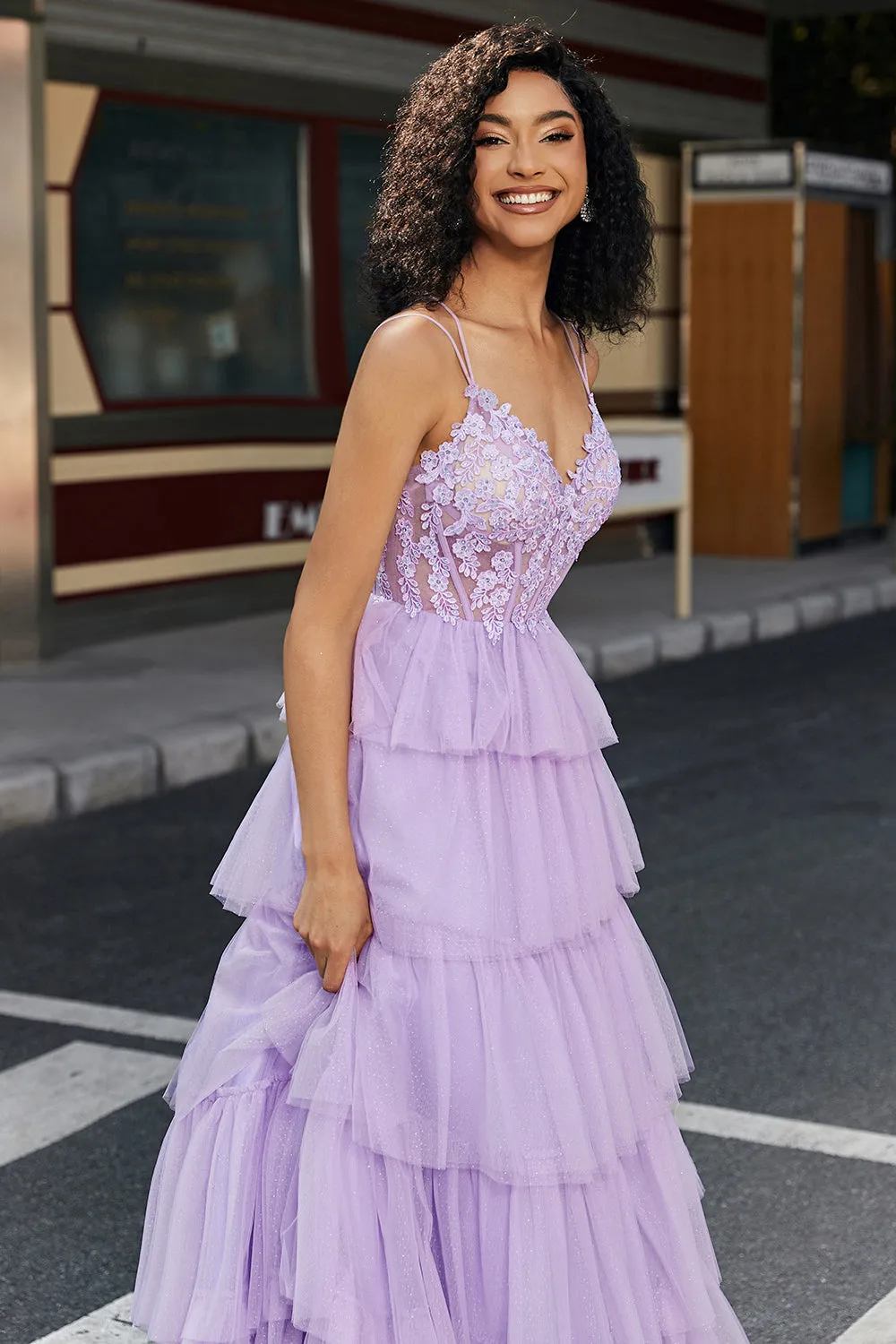 Purple Princess A Line Spaghetti Straps Corset Prom Dress with Appliques Ruffles sold by Zapaka product image thumbnail 5