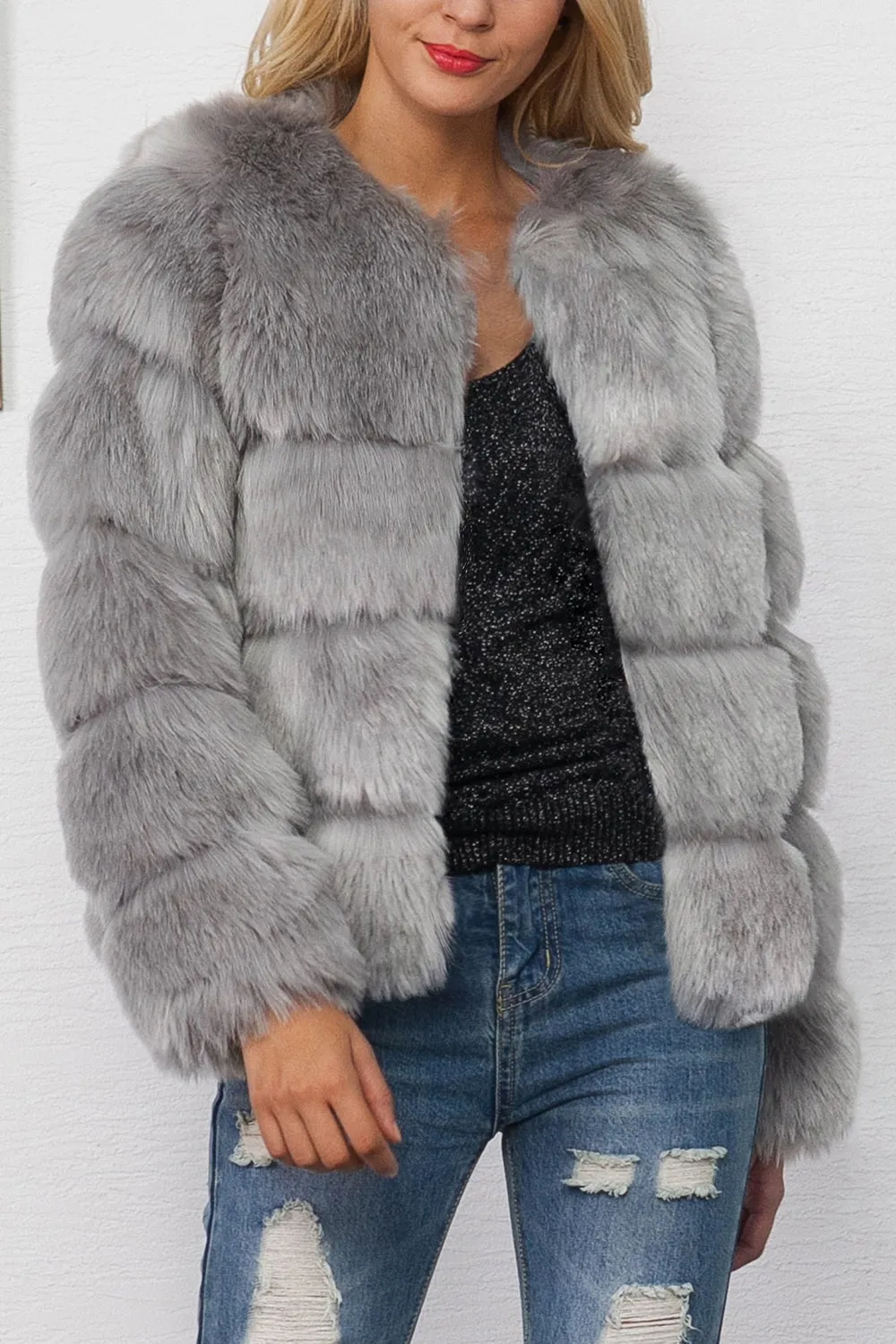 Grey Shawl Lapel Cropped Women Faux Fur Coat sold by Zapaka product image thumbnail 3