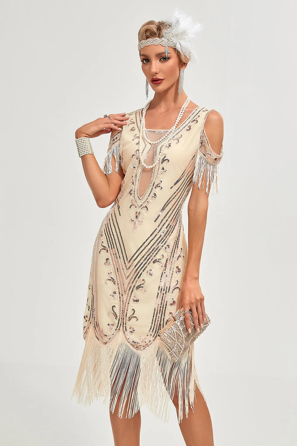 Glitter Champagne Cold Shoulder Sequins Fringes 1920s Gatsby Dress with Accessories Set sold by Zapaka product image thumbnail 5