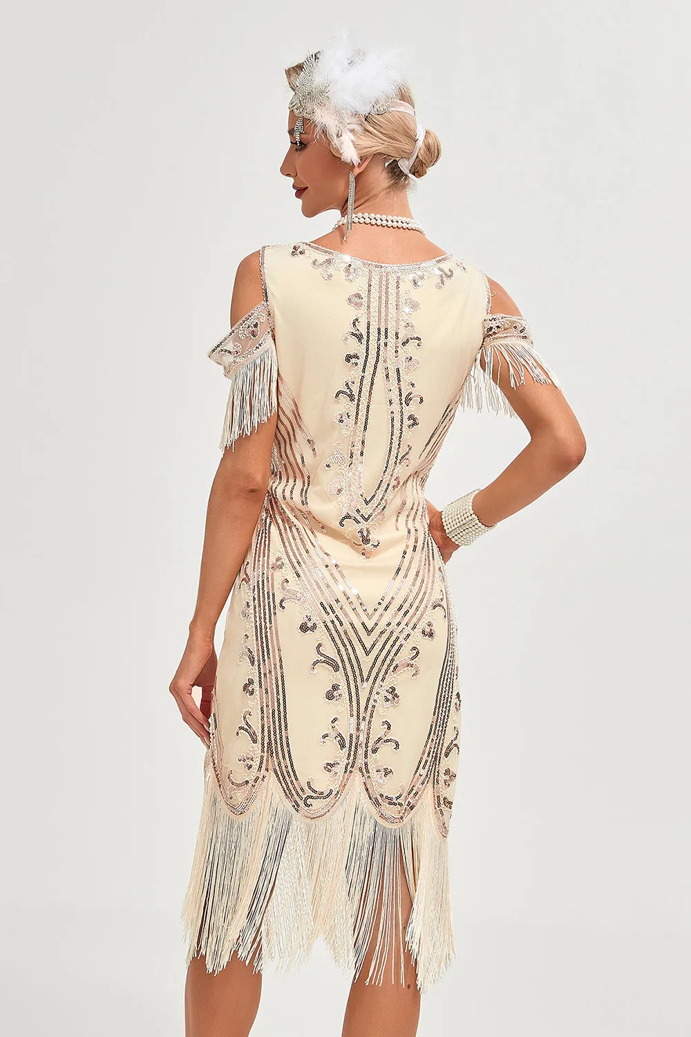 Glitter Champagne Cold Shoulder Sequins Fringes 1920s Gatsby Dress with Accessories Set sold by Zapaka product image thumbnail 2