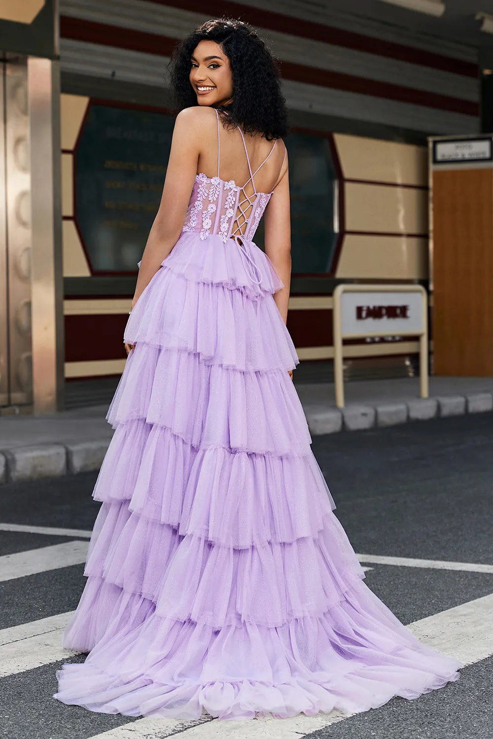 Purple Princess A Line Spaghetti Straps Corset Prom Dress with Appliques Ruffles sold by Zapaka product image thumbnail 2