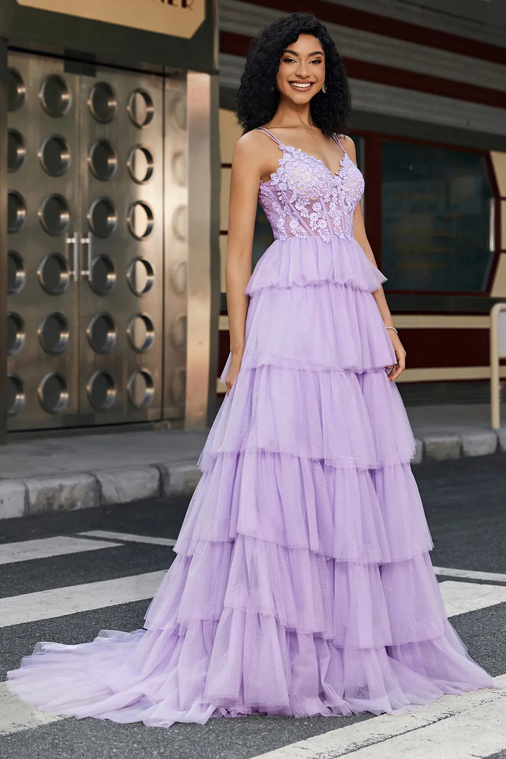 Purple Princess A Line Spaghetti Straps Corset Prom Dress with Appliques Ruffles sold by Zapaka product image thumbnail 3