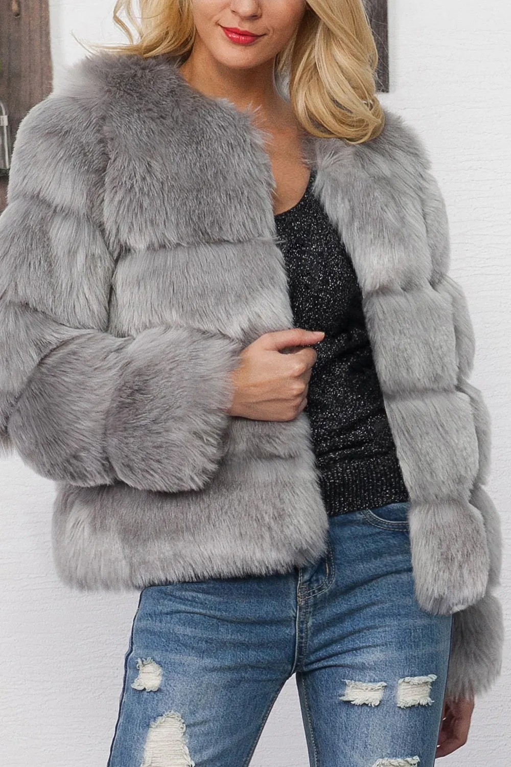 Grey Shawl Lapel Cropped Women Faux Fur Coat sold by Zapaka