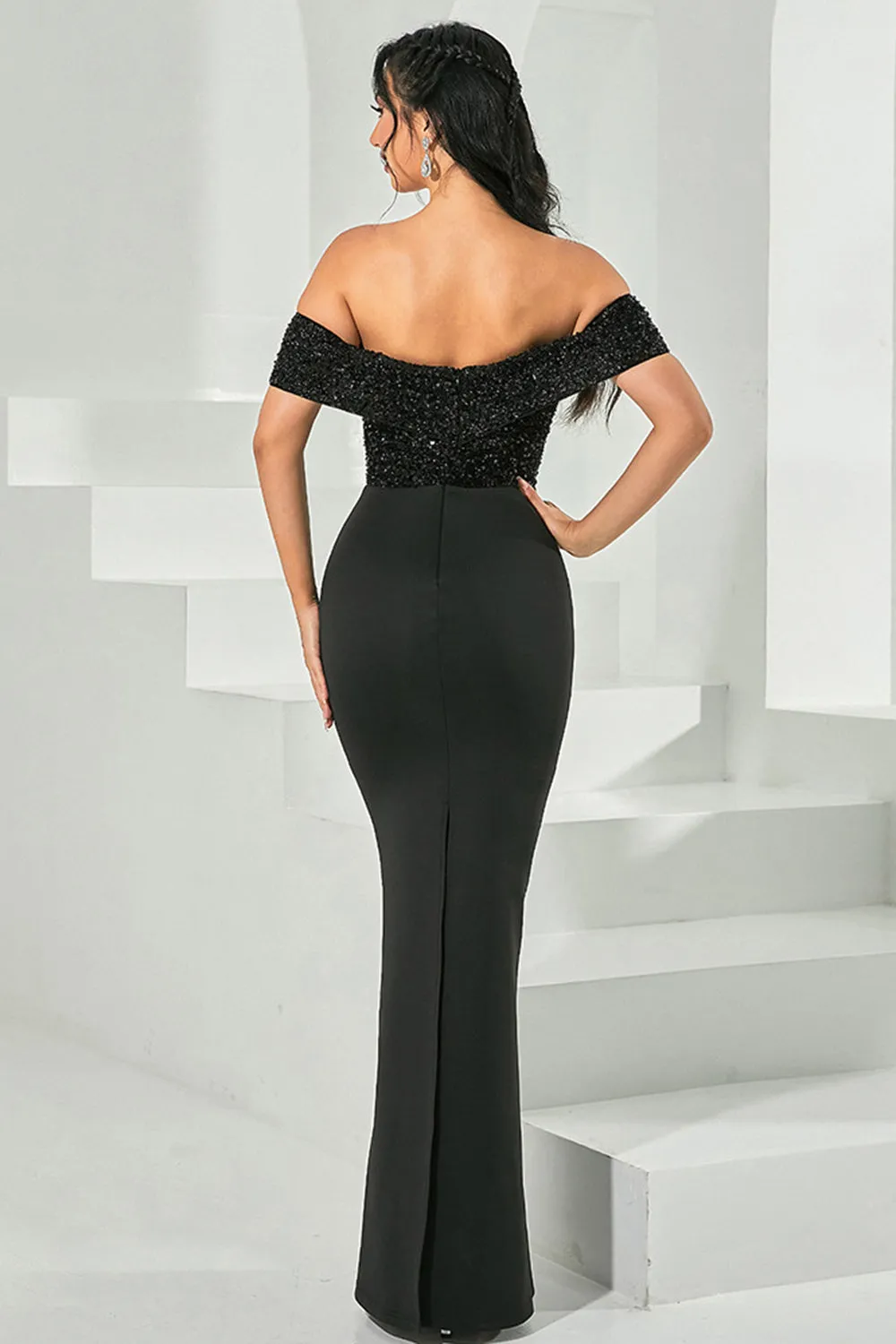 Black Beaded Off the Shoulder Bodycon Long Prom Dress sold by Zapaka product image thumbnail 2