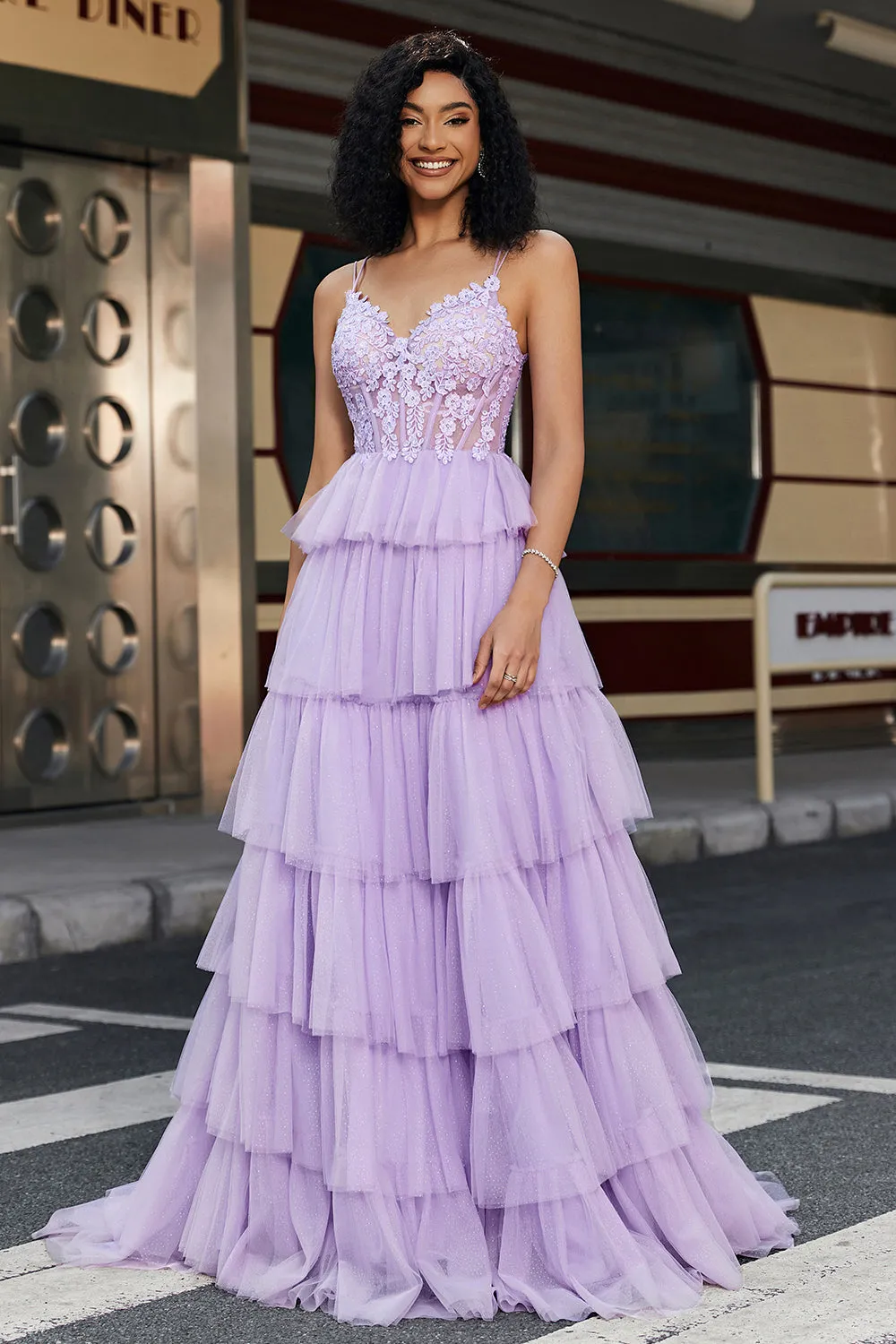 Purple Princess A Line Spaghetti Straps Corset Prom Dress with Appliques Ruffles sold by Zapaka product image thumbnail 4