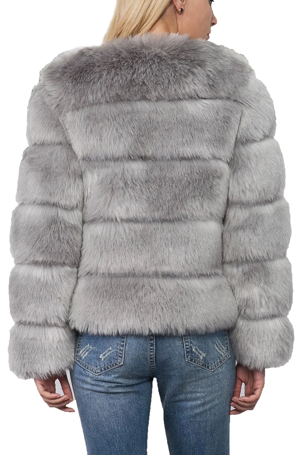 Grey Shawl Lapel Cropped Women Faux Fur Coat sold by Zapaka product image thumbnail 2