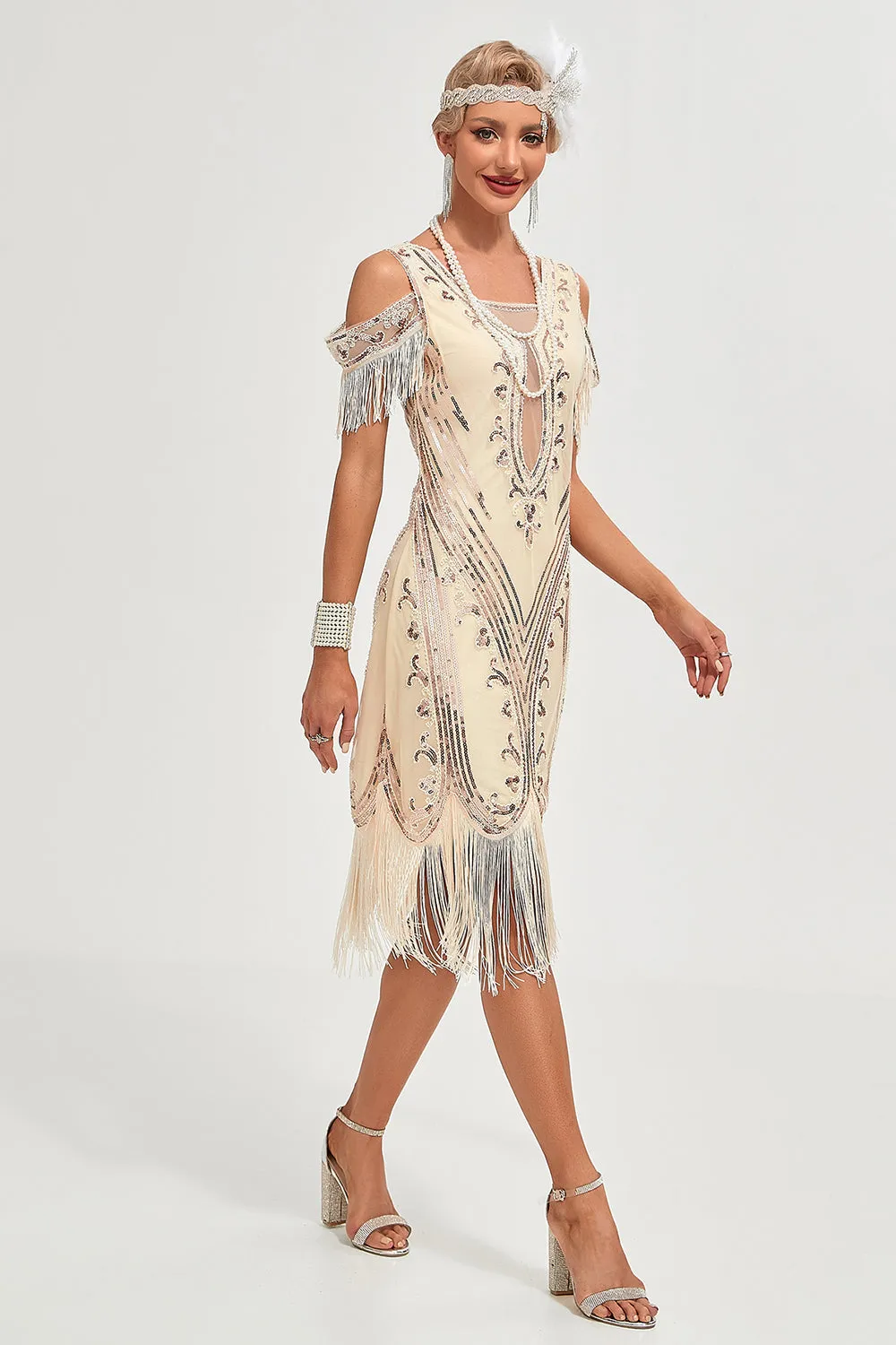 Glitter Champagne Cold Shoulder Sequins Fringes 1920s Gatsby Dress with Accessories Set sold by Zapaka product image thumbnail 4