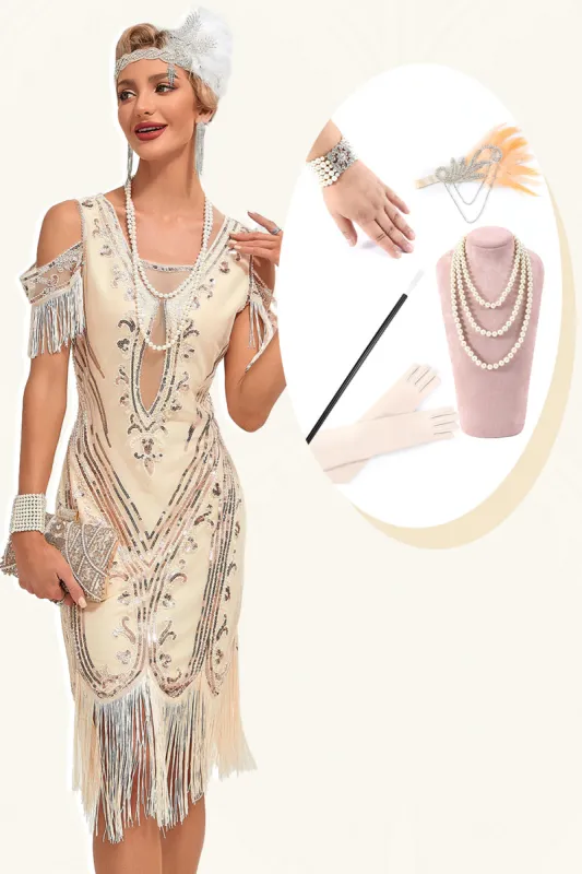 Glitter Champagne Cold Shoulder Sequins Fringes 1920s Gatsby Dress with Accessories Set sold by Zapaka