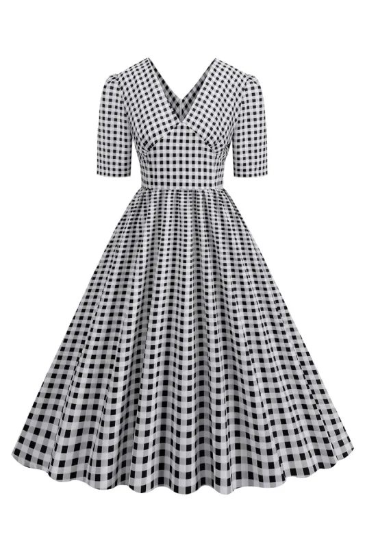 Black Plaid V-Neck Short Sleeves 1950s Dress sold by Zapaka