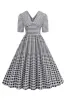 Black Plaid V-Neck Short Sleeves 1950s Dress sold by Zapaka