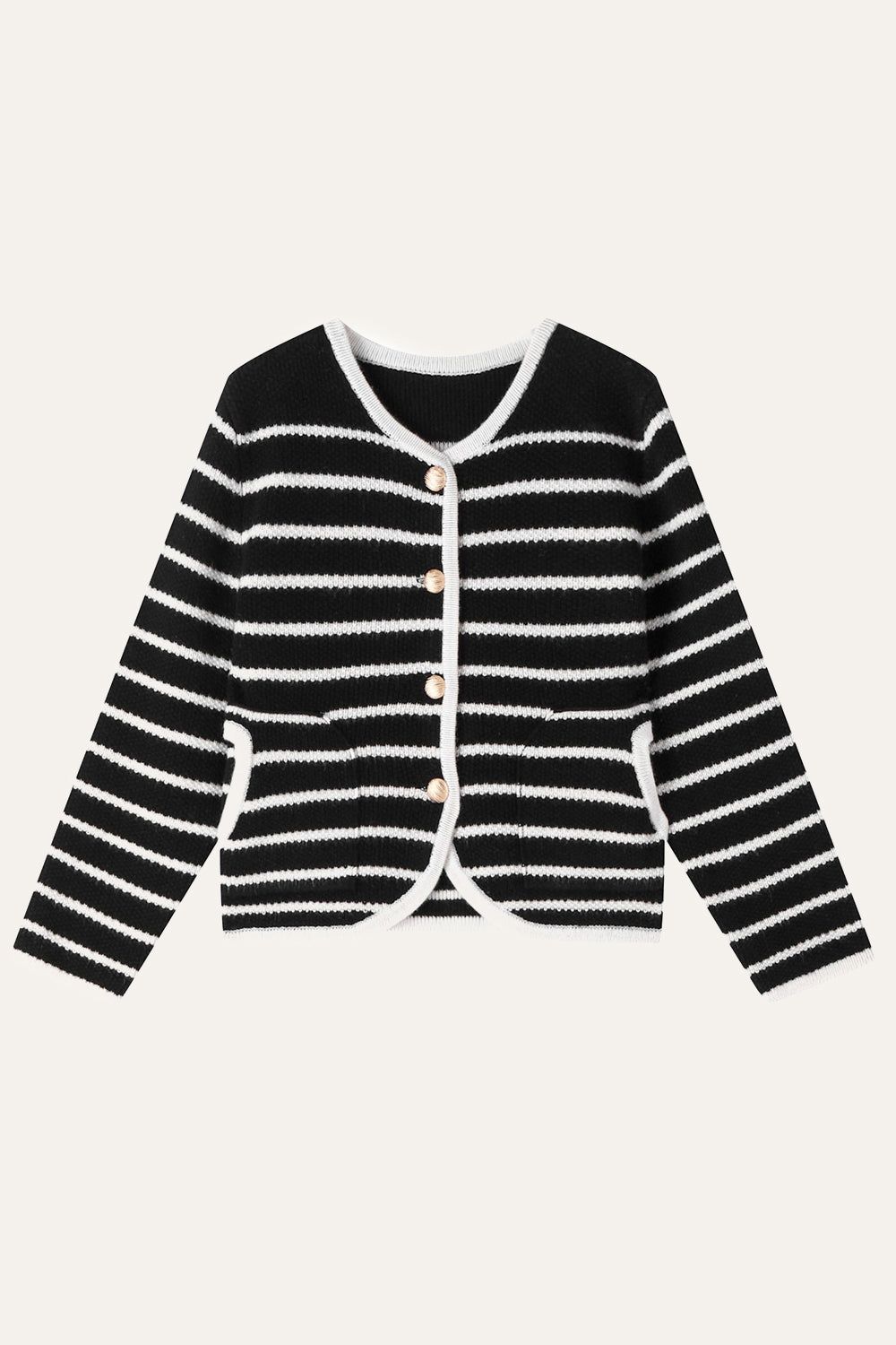 Black Striped Cropped Cardigan Sweater With Buttons sold by Zapaka