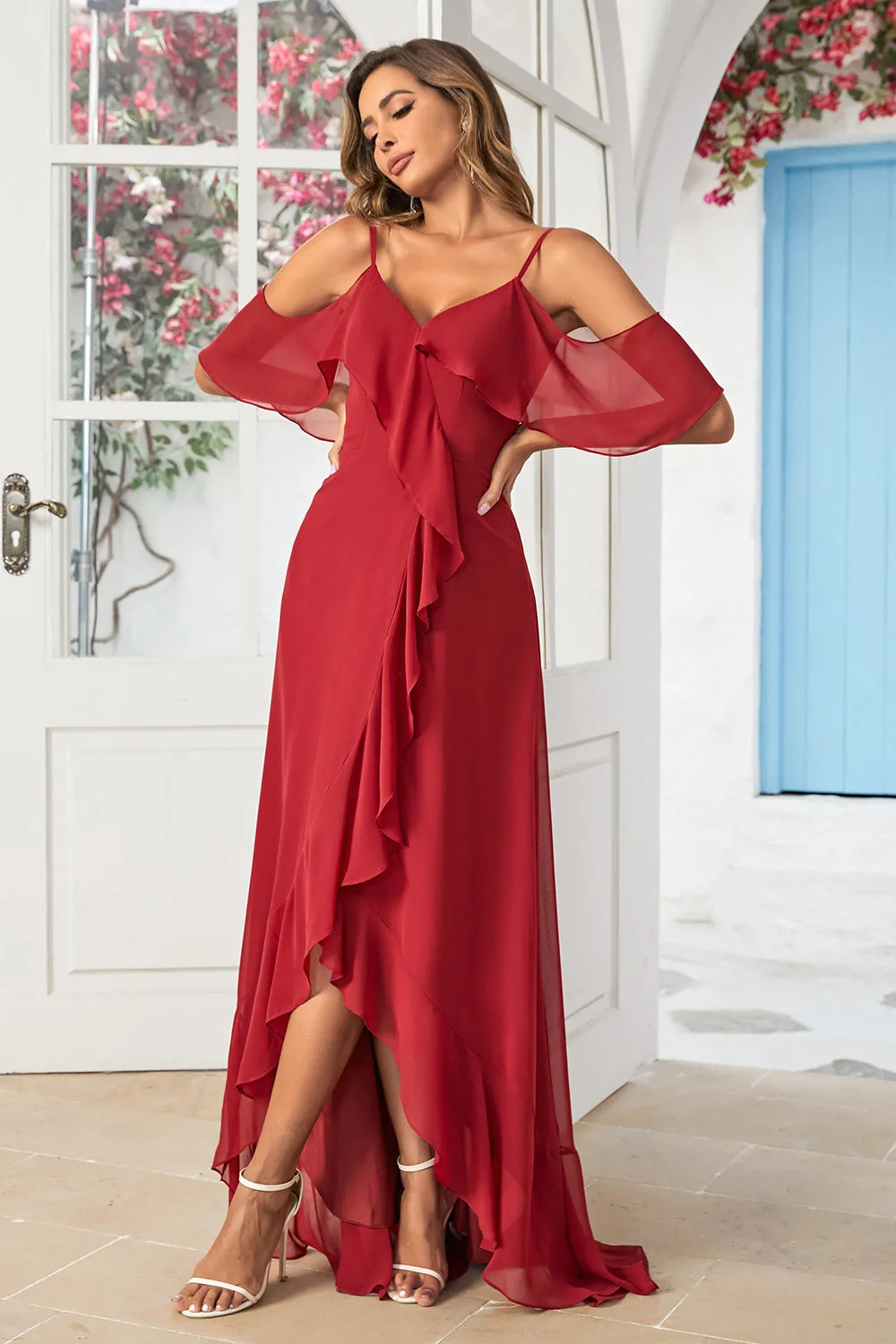 A Line Off the Shoulder Burgundy Long Bridesmaid Dress with Ruffles sold by Zapaka