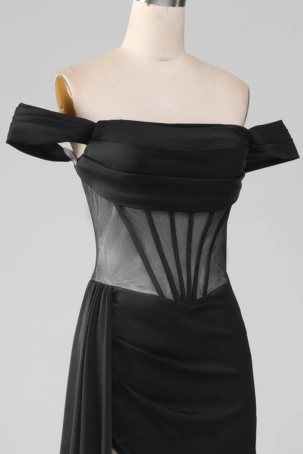 Black Off the Shoulder Satin Corset Mermaid Prom Dress with Slit sold by Zapaka product image thumbnail 5