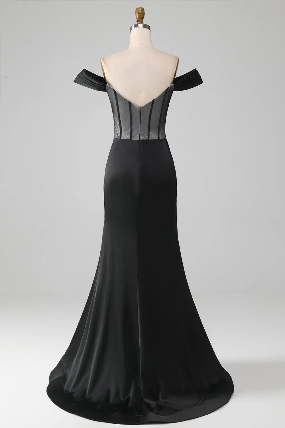 Black Off the Shoulder Satin Corset Mermaid Prom Dress with Slit sold by Zapaka product image thumbnail 2
