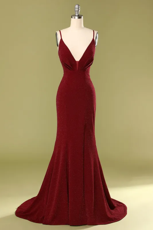 Burgundy V-neck Evening Dress sold by Zapaka