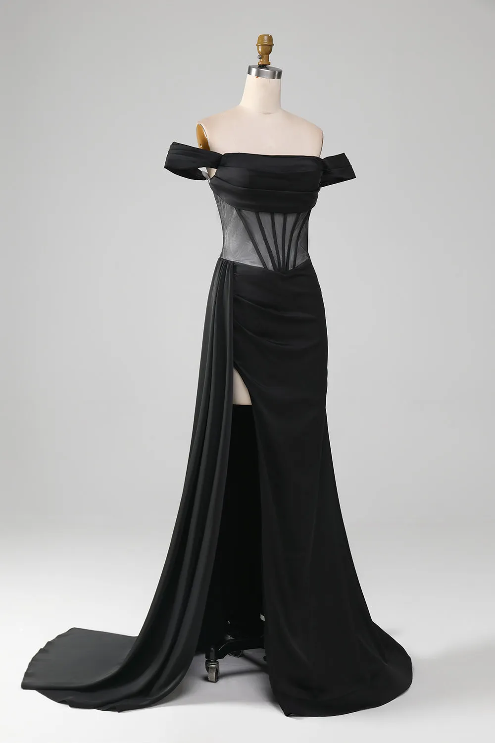 Black Off the Shoulder Satin Corset Mermaid Prom Dress with Slit sold by Zapaka product image thumbnail 3