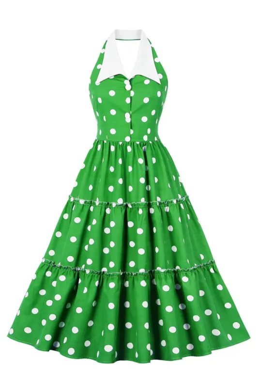 Green A Line Halter Polka Dots 1950s Dress sold by Zapaka