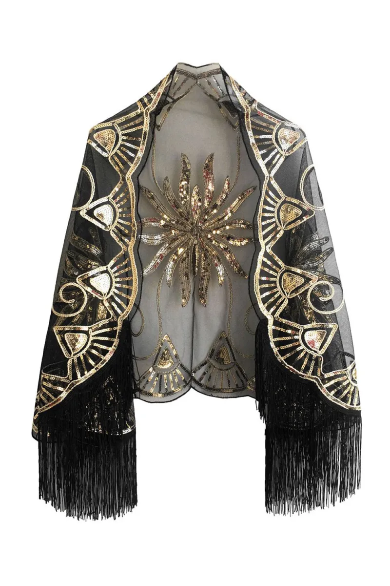 Black Golden Sequined 1920s Cape With Fringes sold by Zapaka