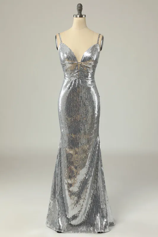 Mermaid Spaghetti Straps Silver Sequins Long Prom Dress Backless sold by Zapaka