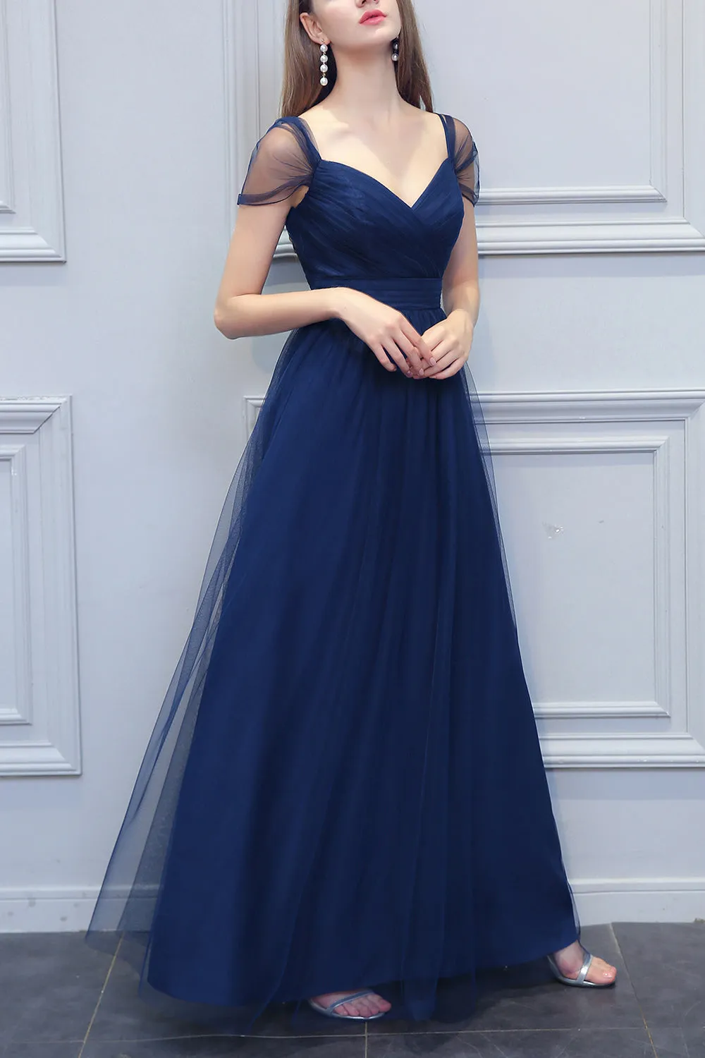 A-line V-neck Long Tulle Bridesmaid Dress sold by Zapaka product image thumbnail 4