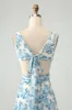 White Blue Flower A Line Ruffled High-Low Wedding Guest Dress sold by Zapaka