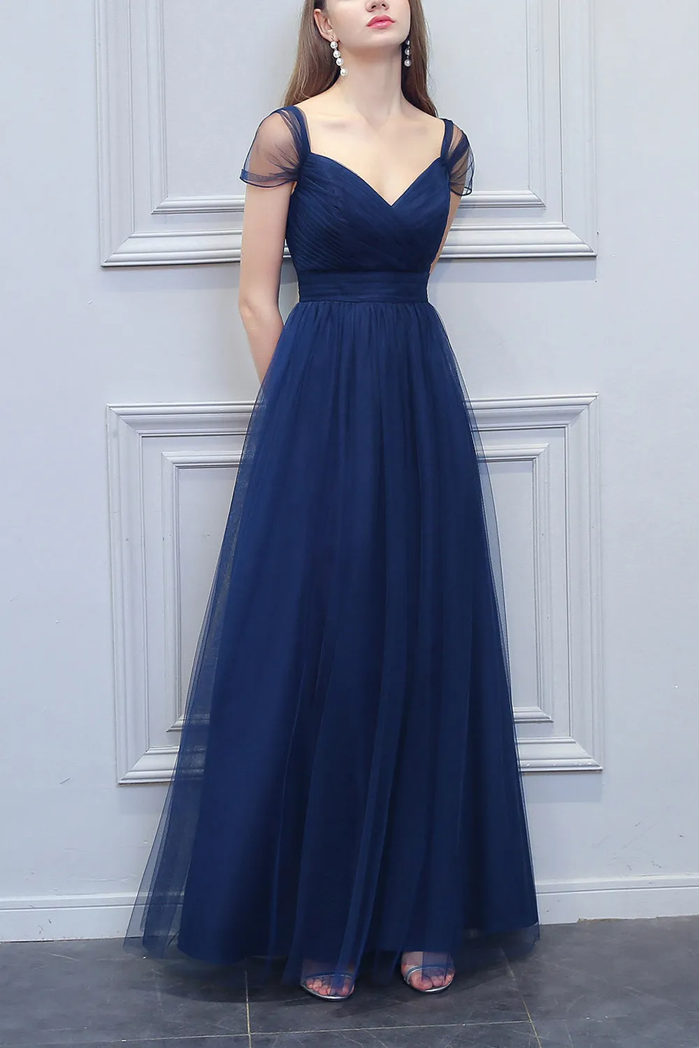 A-line V-neck Long Tulle Bridesmaid Dress sold by Zapaka product image thumbnail 2