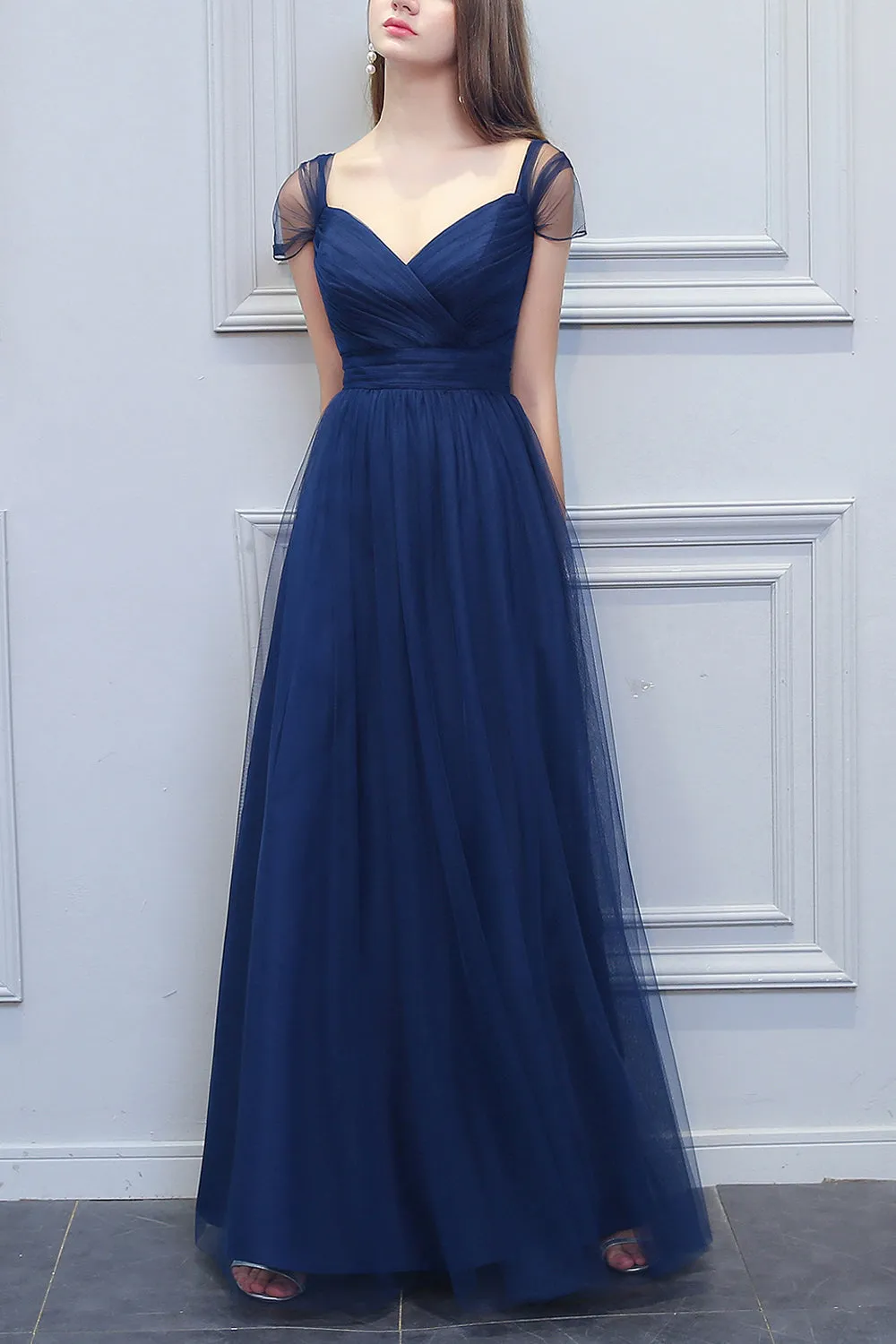 A-line V-neck Long Tulle Bridesmaid Dress sold by Zapaka product image thumbnail 3