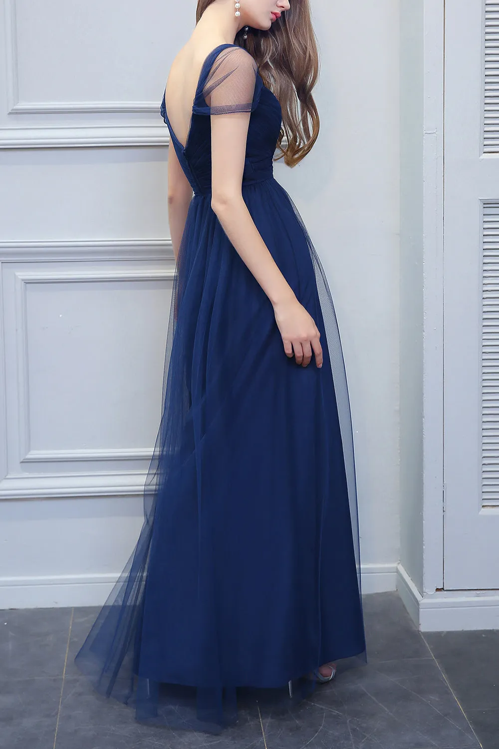 A-line V-neck Long Tulle Bridesmaid Dress sold by Zapaka product image thumbnail 5