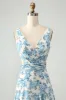 White Blue Flower A Line Ruffled High-Low Wedding Guest Dress sold by Zapaka