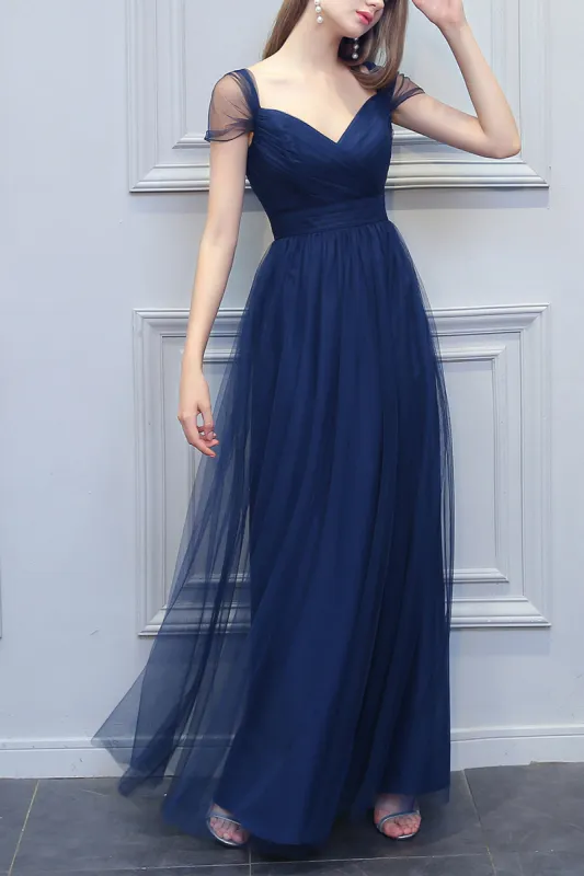A-line V-neck Long Tulle Bridesmaid Dress sold by Zapaka