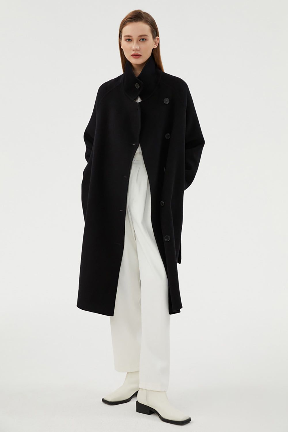 Black Long Double-sided Woolen Coat with Lapels sold by Zapaka