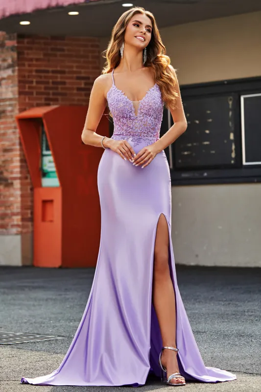 Lilac Mermaid V Neck Open Back Beaded Appliques Prom Dresses with Slit sold by Zapaka