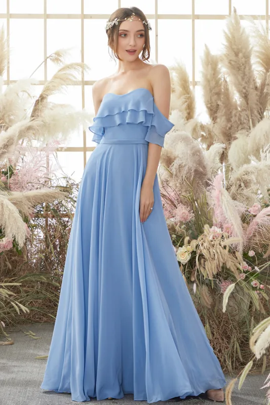 Off The Shoulder Blue Chiffon Bridesmaid Dress sold by Zapaka