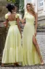 Yellow A Line One Shoulder Long Wedding Party Guest Dress with Slit sold by Zapaka