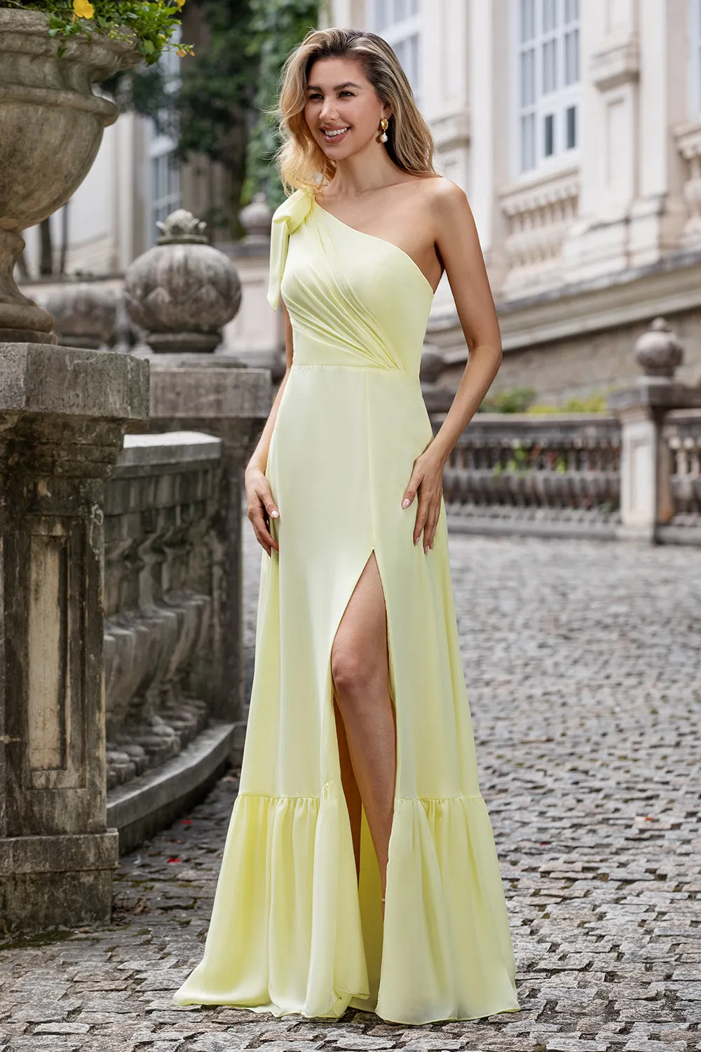 Yellow A Line One Shoulder Long Wedding Party Guest Dress with Slit sold by Zapaka product image thumbnail 5