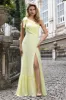 Yellow A Line One Shoulder Long Wedding Party Guest Dress with Slit sold by Zapaka