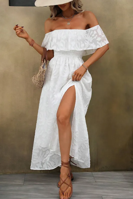 White A-Line Off The Shoulder Summer Dress With Slit sold by Zapaka
