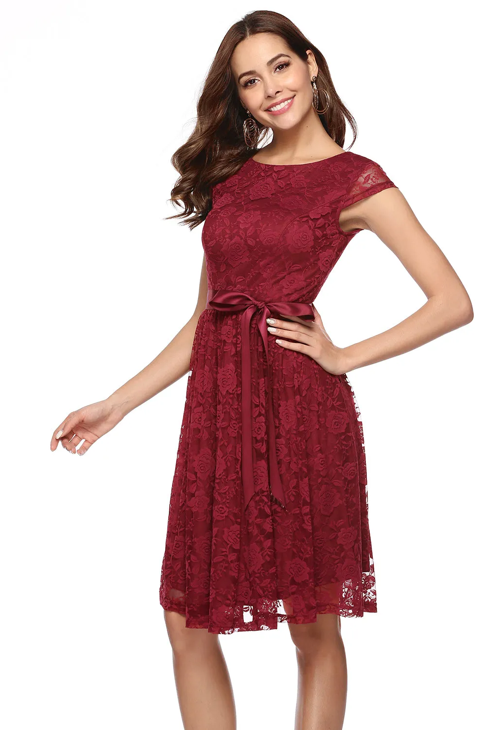Dark Red Belted Lace Dress sold by Zapaka product image thumbnail 3