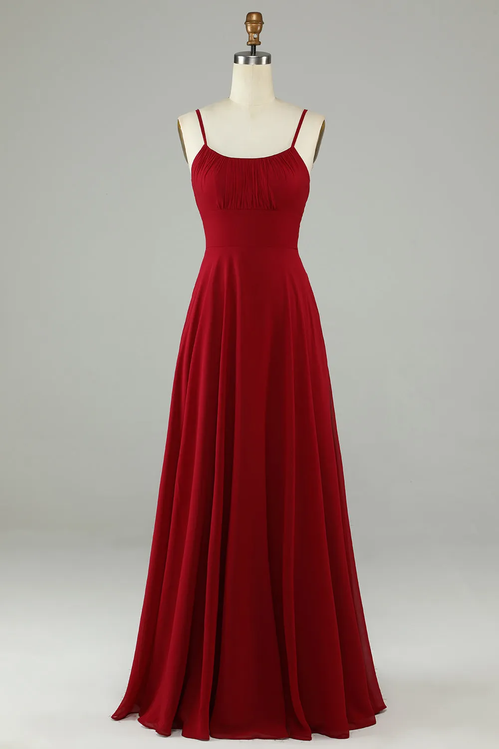 A-Line Spaghetti Straps Burgundy Long Bridesmaid Dress sold by Zapaka