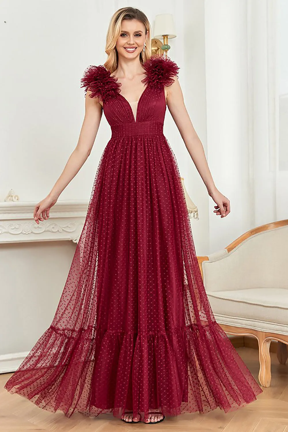 Deep V-Neck Burgundy Sleeveless A Line Long Prom Dress sold by Zapaka