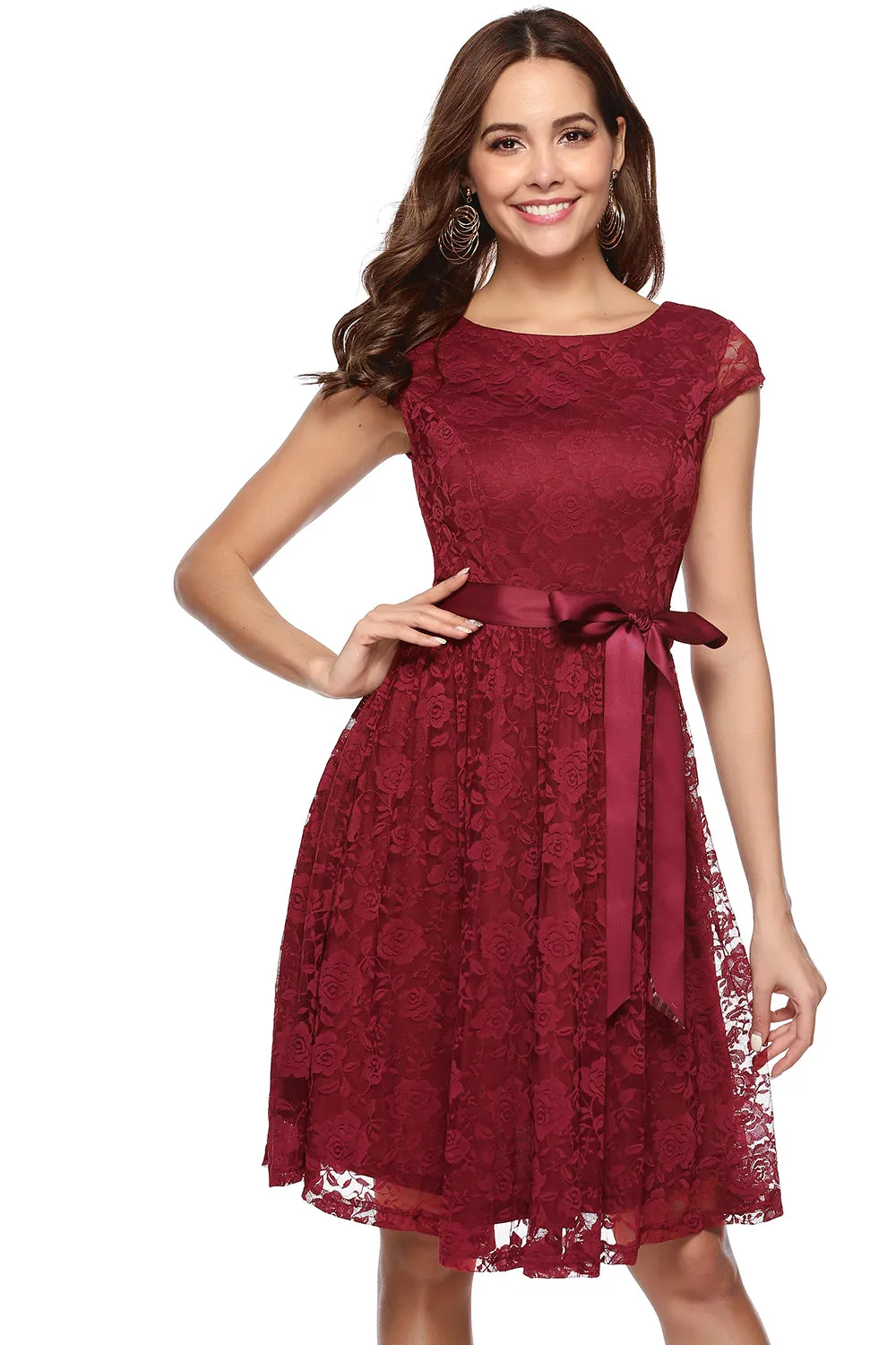 Dark Red Belted Lace Dress sold by Zapaka product image thumbnail 4