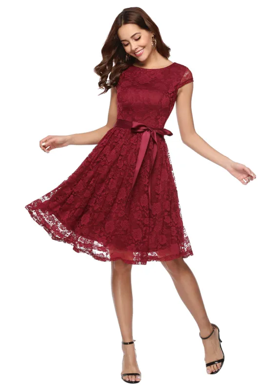 Dark Red Belted Lace Dress sold by Zapaka