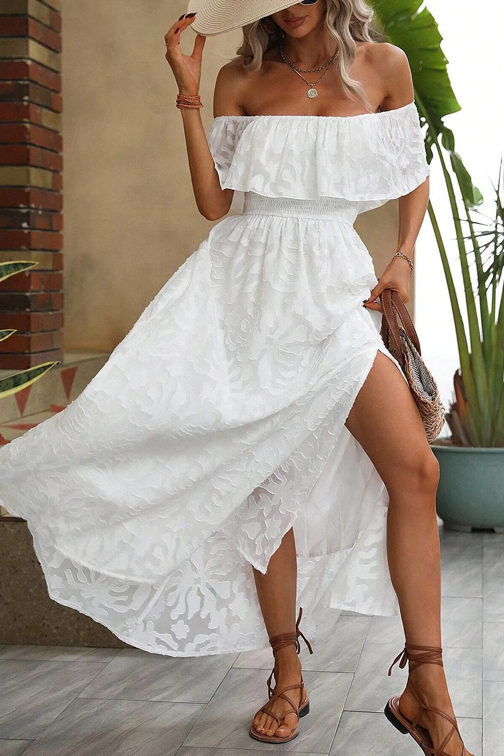 White A-Line Off The Shoulder Summer Dress With Slit sold by Zapaka product image thumbnail 3