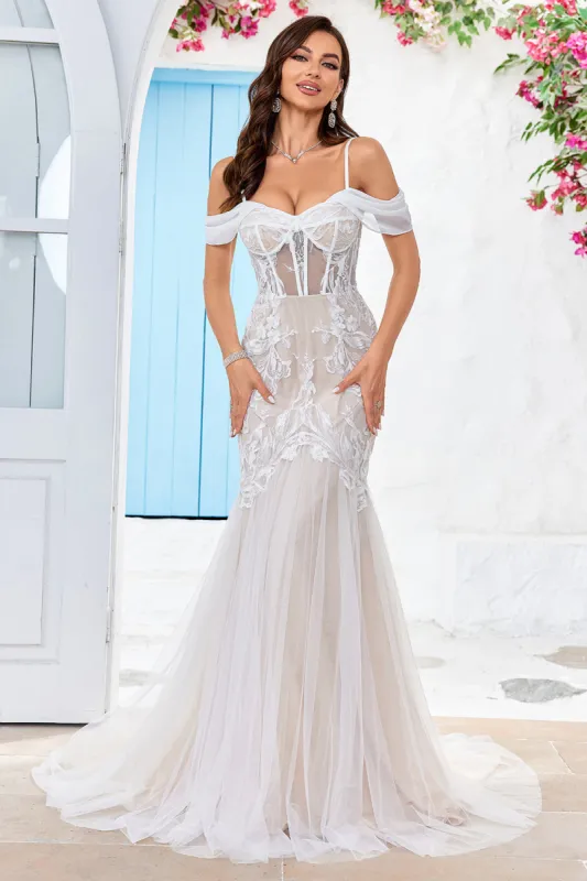 Cold Shoulder Tulle Corset Mermaid Wedding Dress with Appliques sold by Zapaka