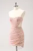Blush Bodycon Strapless Hollow Out Sequins Ruched Homecoming Dress with Tassel sold by Zapaka