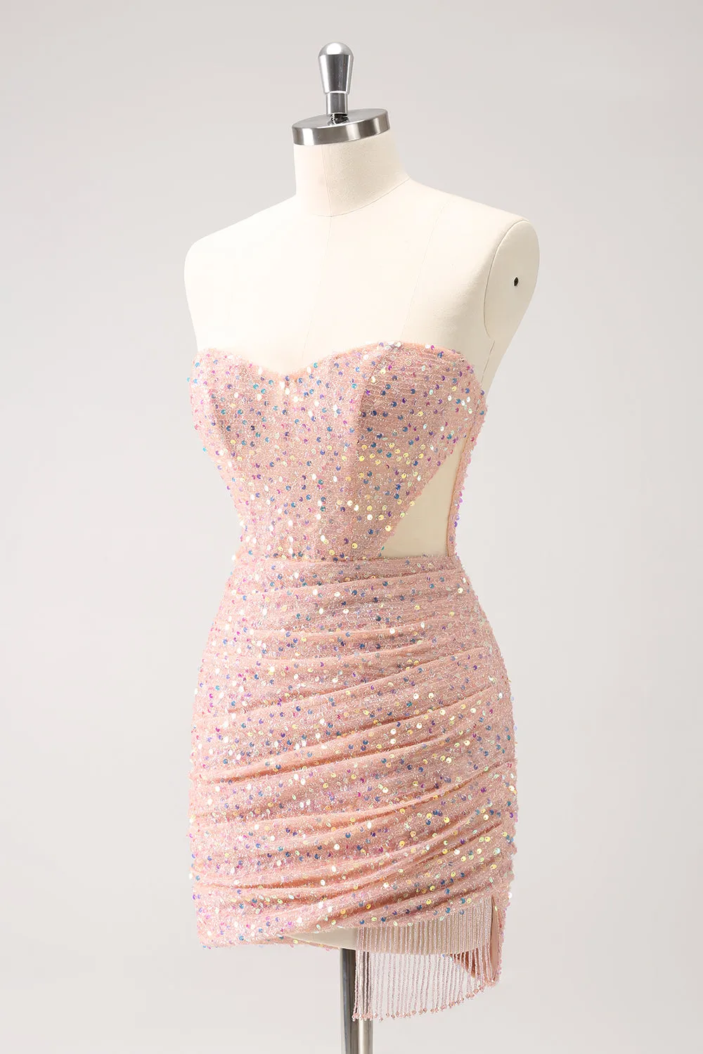 Blush Bodycon Strapless Hollow Out Sequins Ruched Homecoming Dress with Tassel sold by Zapaka product image thumbnail 3